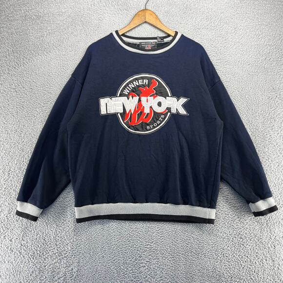 Vintage New York Sweatshirt Men's Large Blue Crewneck Embroidered Distressed 90s - Picture 1 of 13